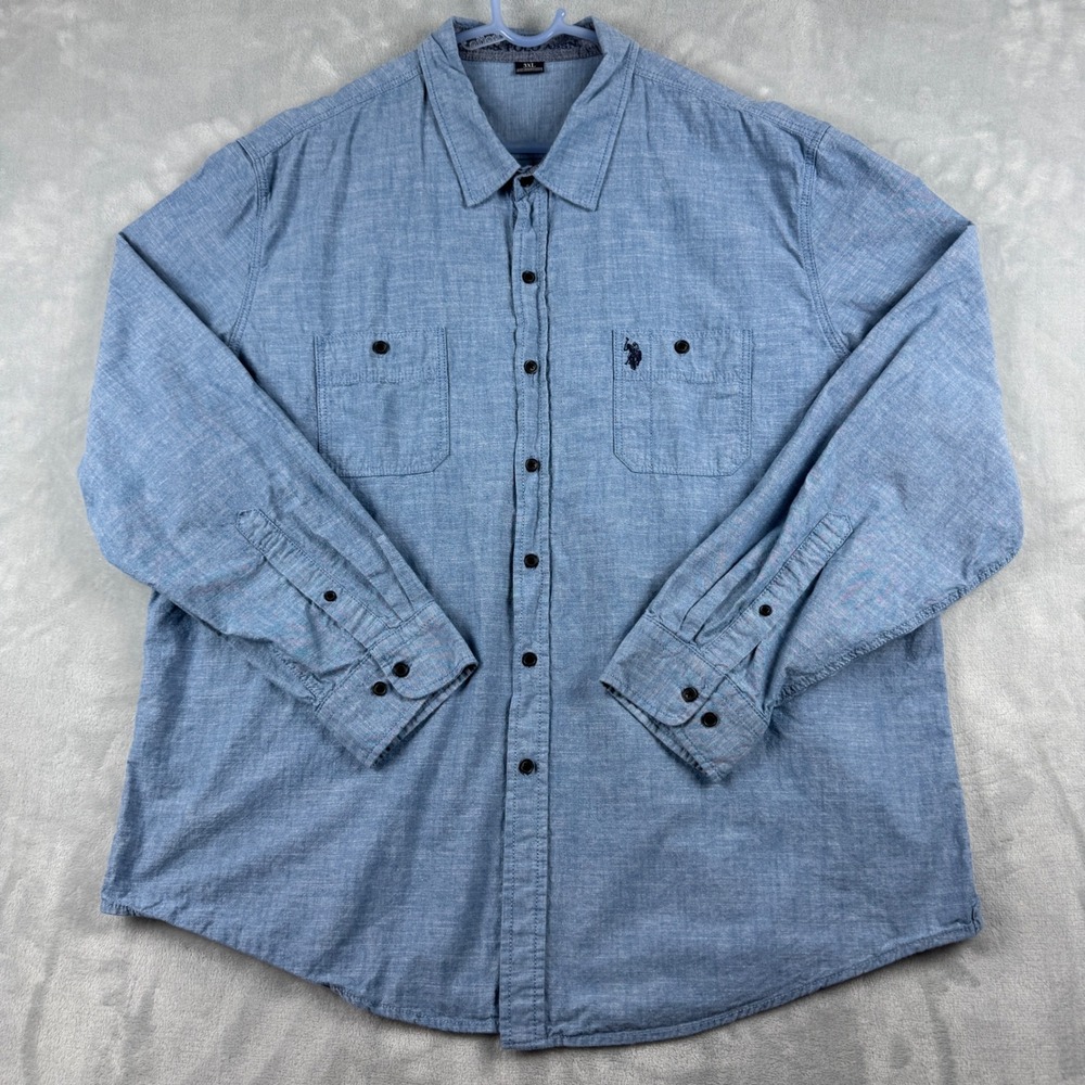 US Polo Assn Embroidered Logo Mens Long Sleeve Chambray Button Up Shirt Blue 3XL